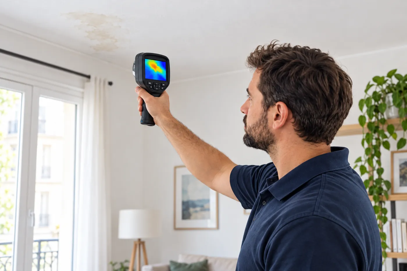 Plombier pointant une caméra thermique vers une tache d'humidité au plafond pour localiser une fuite